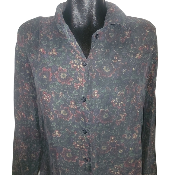Vintage Essential Needs Floral Print 100% Silk Shirt L - Picture 2 of 7